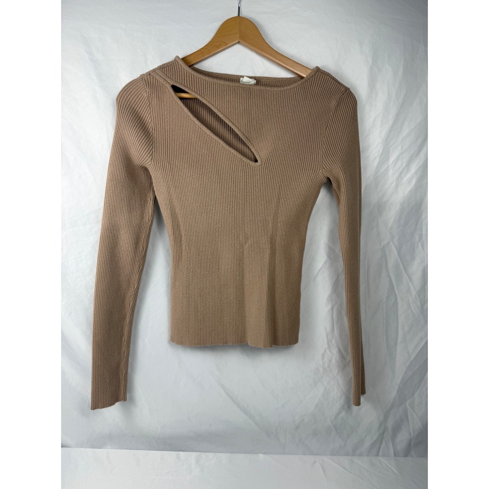 Melrose and Market S Ribbed Cutout Knit Top Taupe Beige Stretch Long Sleeve